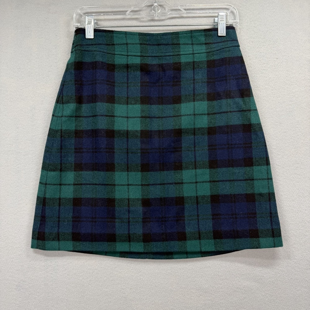 J.CREW Factory Mini Skirt Womens‎ 0 Black Green Watch Plaid Wool Blend Back Zip